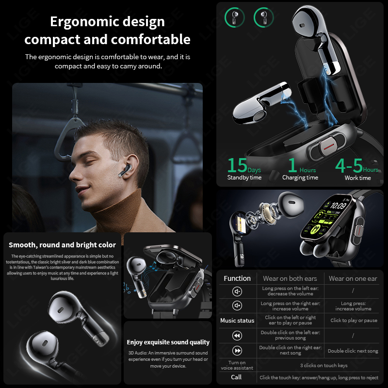 LIGE New 2 In 1 TWS Smart Watc - огляд і ціна Tws Earbuds Bluetooth 5.3