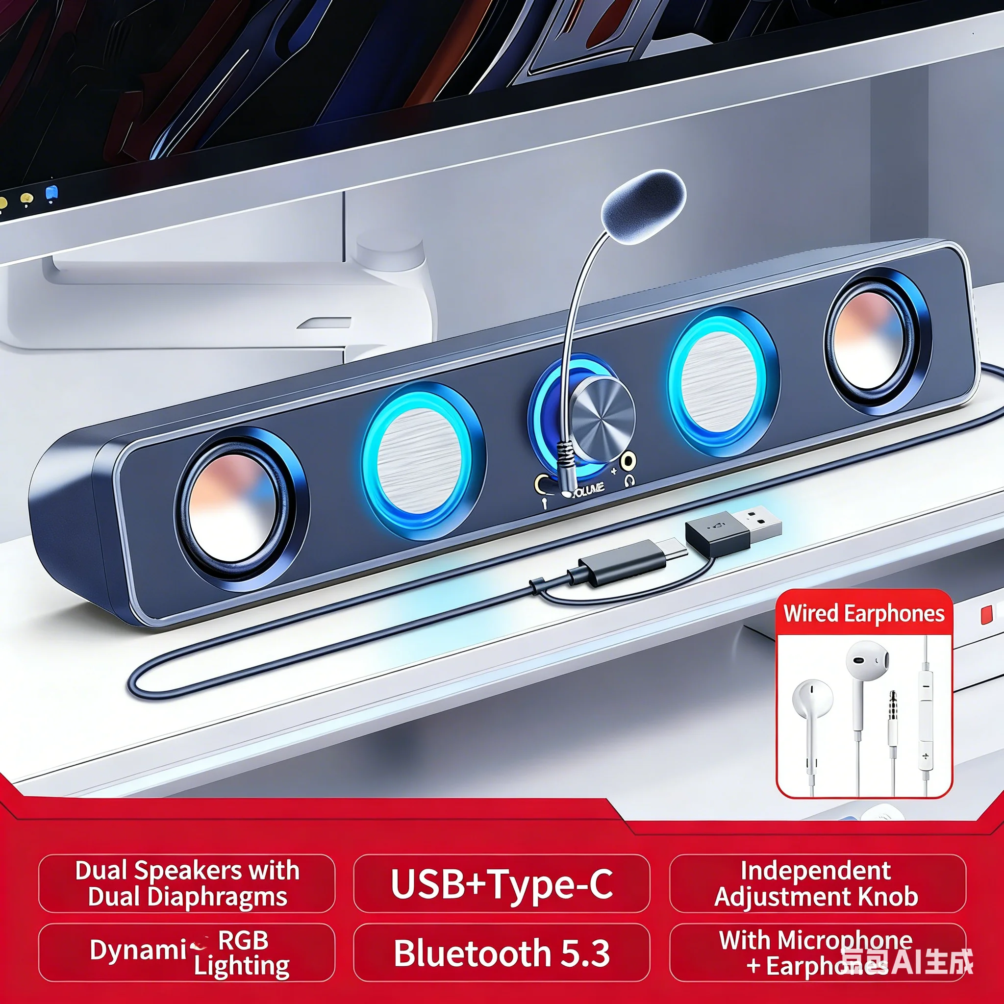 RGB Gaming Soundbar 2.0 Surrou - огляд і ціна Rgb Computer Soundbar For Pc